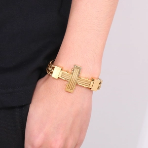 Hip hop street style cross bracelet for men with golden woven wire and magnetic clasp