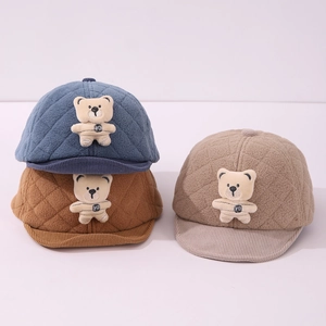 Baby Peaked Cap Quilted Plush Hat With 3D Bear Toddler Corduroy Brim Warm Windproof Soft Baseball Hat