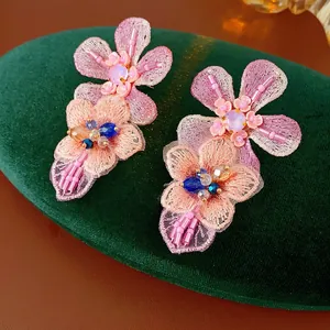 Pink lace embroidered flower earrings with vibrant rhinestones for seaside vacations