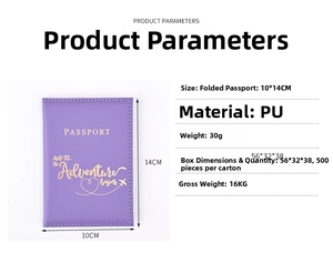 Detail view of purple PU leather passport cover with gold foil adventure begins text