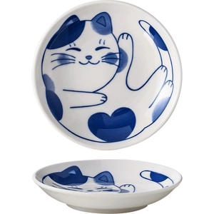 Japanese style ceramic sauce dish set featuring hand-drawn blue cat and heart patterns