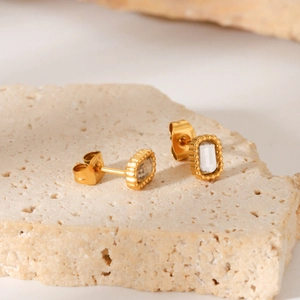 French minimalist stainless steel gold stud earrings with square white zircon stones