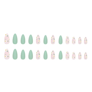 24pcs matte almond fake nails with mint green and pink white daisy flower designs