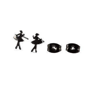 Elegant black stainless steel ballet dancer stud earrings with bow tie butterfly backings