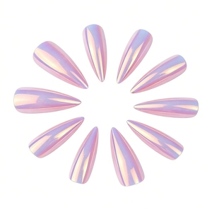 Holographic chrome almond press-on nails with metallic mirror finish in a 10-piece set
