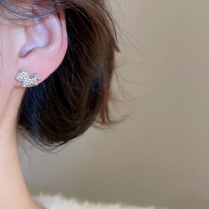 Gros plan de boucles d'oreilles chiot en argent et zircons portées avec élégance