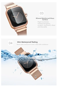 Detail showing scratch-resistant mineral glass and 30m waterproof performance on watch