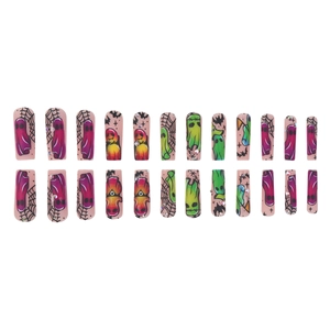 Long Halloween cat eye press-on nails with cartoon ghost, spider web and rhinestone decor