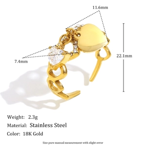 18K gold plated stainless steel heart ring with white zircon and detailed dimensions