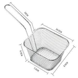 Mini stainless steel frying basket with handle dimensions 10.5x8.5x6.3cm shown on white background