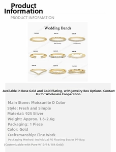 Detailed chart of gold S925 silver rings with Moissanite stone and technical specifications