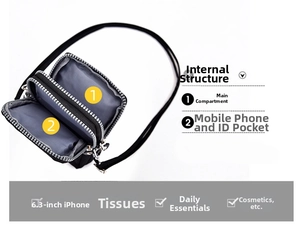 Détail du sac de téléphone en nylon montrant les poches internes et le rangement multicouche
