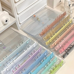 Detailed view of clear A5 A6 PVC binder covers with colorful 6-ring metal clips