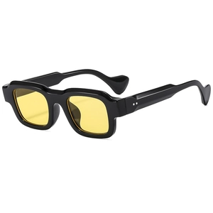 Classic vintage square frame sunglasses with yellow lenses and wavy wave-shaped temples