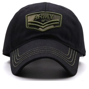 Detailed embroidery of Army badge with star and stripes on black tactical baseball cap