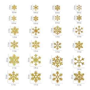 Size chart showing dimensions of gold glitter snowflake stickers in three distinct sizes