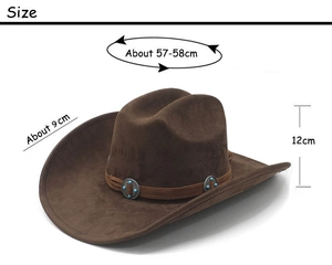 Détail d'un chapeau de cow-boy marron avec clous en métal turquoise et dimensions indiquées