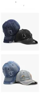 Detail of vintage washed denim baseball caps with distressed holes in multiple colors