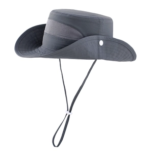 Detail of dark gray sun hat showing breathable mesh side panels and adjustable chin strap