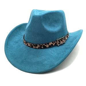 Detail of teal faux suede cowboy hat featuring leopard print band and metal buckle