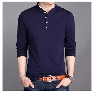 Detail of navy blue slim fit cotton long sleeve shirt with a four-button henley collar