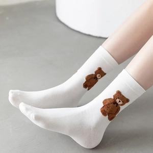 Women Crew Socks Cotton Blend Teddy Bear Embroidery Striped Preppy JK Style Cute Mid Calf Breathable Japanese Academic