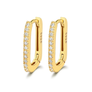 925 sterling silver gold plated rectangular hoop earrings with pave cubic zirconia
