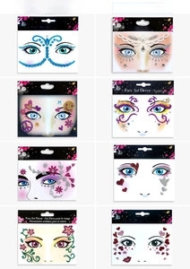 Macro view of multi-style festive face gems stickers including blue and purple glitter sets