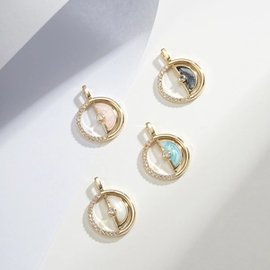 Gold-plated round pendants with colorful enamel and sparkling crystals for DIY jewelry