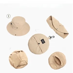 Detailed step-by-step folding guide for packable beige outdoor sun hat with drawstring