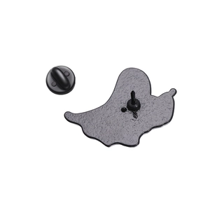 Black alloy Halloween ghost enamel pin back with durable rubber clasp on white background