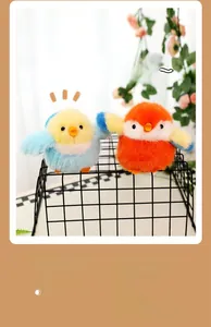 Détail de porte-clés oiseaux en peluche douce, coloris bleu et orange sur support