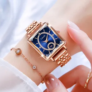 Luxury rose gold square watch for women with navy blue diamond-set dial and steel band