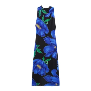 Floral Print Maxi Dress Polyester Mesh Sleeveless Halter Backless Summer Vacation Elegant For Women