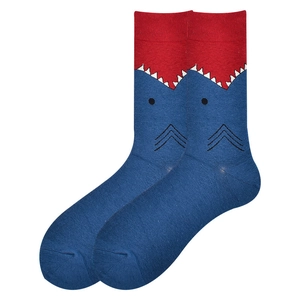 Detailed view of mid-calf socks with blue and red shark pattern on a white background