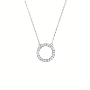 Elegant minimalist silver pavé circle necklace with white zirconia on cross chain