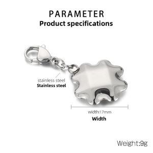 Detail showing 17mm stainless steel wave charm with lobster clasp and weight specs