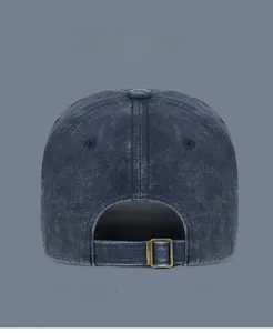 Detail of washed cotton baseball cap with adjustable metal buckle and multi-color options