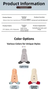 Detail chart of waterproof four-legged pet raincoat showing fabric specs and color options