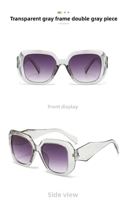 Detail view of transparent grey square frame sunglasses with purple gradient lenses