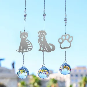 Crystal Suncatcher Hanging Ornament Stainless Steel Cat Dog Paw Print Silhouette Rainbow Maker Garden Window Home Decor