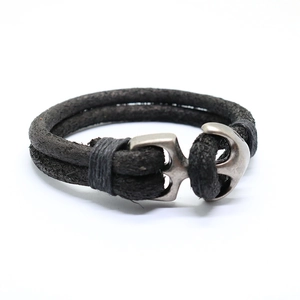 Men's double-layered black leather braided bracelet with silver metal anchor clasp