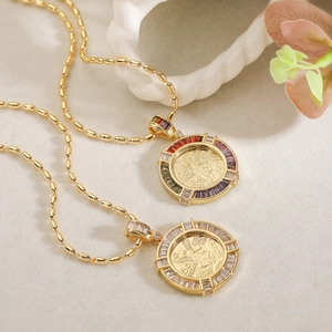 18K Gold Plated Copper Mexican 50 Pesos Coin Pendant Necklace For Women Vintage Zirconia Inlaid Medallion Jewelry Gift