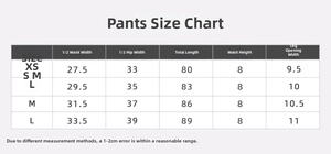 Detailed size chart for seamless knitted yoga leggings ranging from sizes XS to L