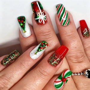 Christmas press-on nails with red green patterns and glitter Christmas tree coffin shape