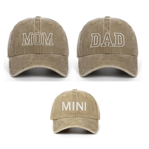 Detailed embroidery on vintage washed cotton baseball caps for DAD, MOM, and MINI sizes