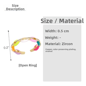 Size chart and details of colorful enamel open ring with cubic zirconia and copper plating