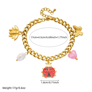 Detail of gold charm bracelet with bee, ladybug, and heart pendants plus size measurements
