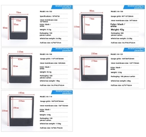 Detailed size specifications and weight data table for PE film floating jewelry display boxes