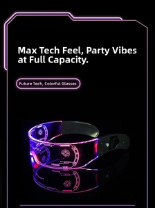 Detail of cyberpunk LED glasses with laser-engraved HUD lines and pink-purple gradient